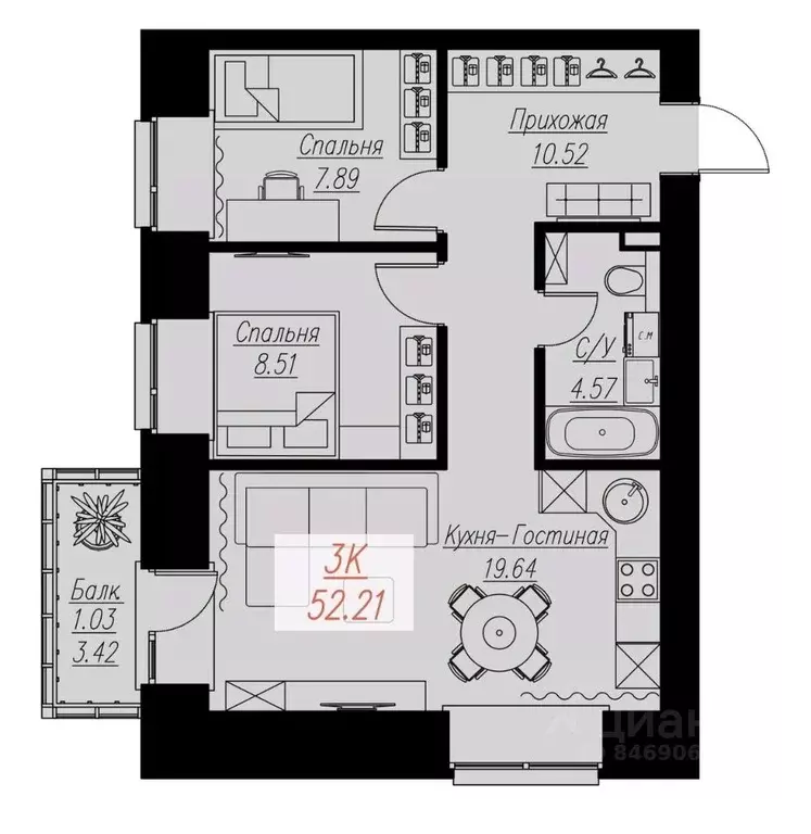 2-к кв. Красноярский край, Красноярск Семафорная ул. (52.21 м) - Фото 1