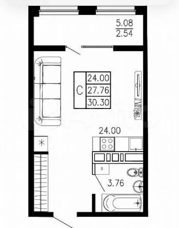 Квартира-студия, 30,3 м, 3/8 эт. - Фото 1