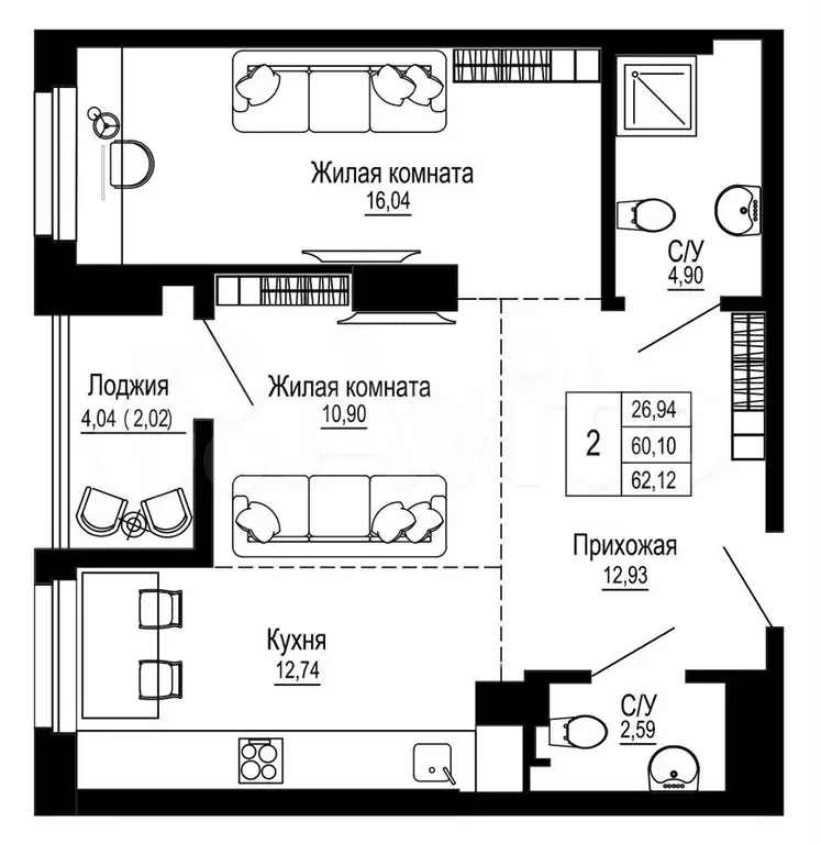 2-к. квартира, 65 м, 17/26 эт. - Фото 0