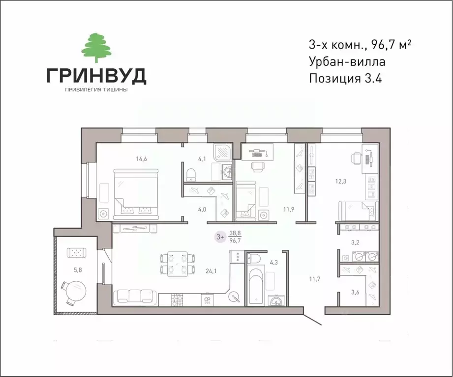3-к кв. Брянская область, Брянск Клубный Гринвуд кв-л,  (96.7 м) - Фото 0
