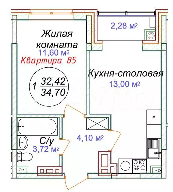 1-к. квартира, 34,7 м, 5/5 эт. - Фото 1