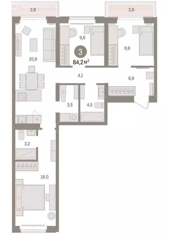 3-комнатная квартира: Тюмень, жилой комплекс На Минской (84.16 м) - Фото 1