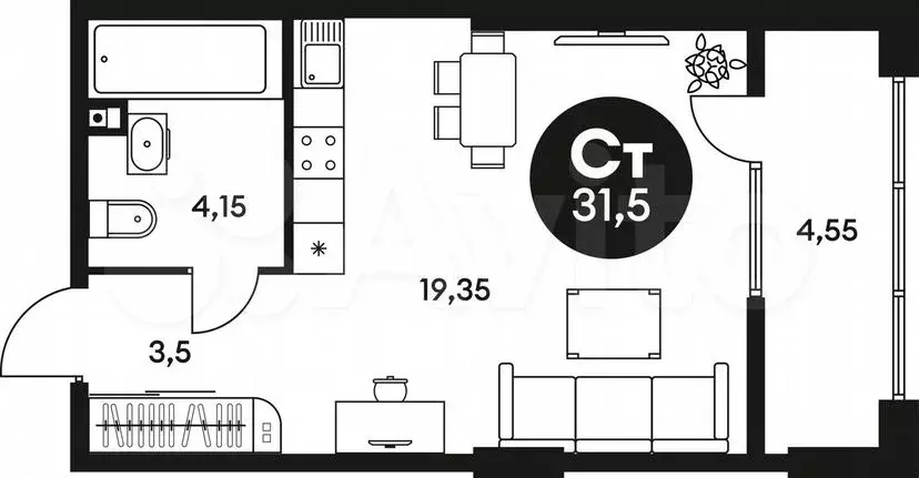 Квартира-студия, 31,5м, 3/22эт. - Фото 0