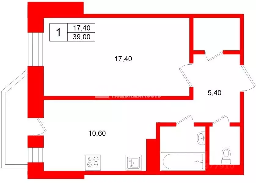 1-к кв. Санкт-Петербург ул. Кораблестроителей, 35К4 (39.0 м) - Фото 2