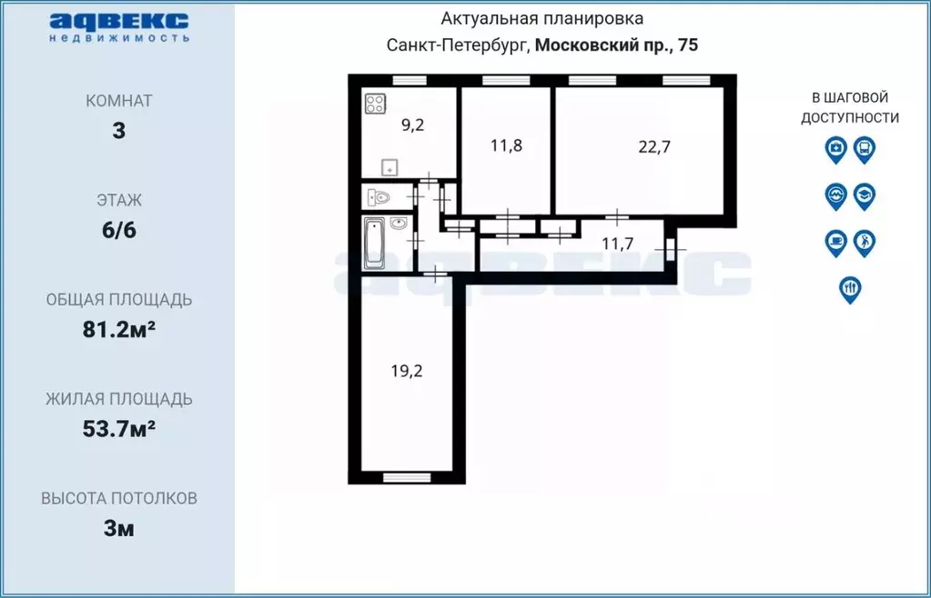 3-к кв. Санкт-Петербург Московский просп., 75 (81.2 м) - Фото 2