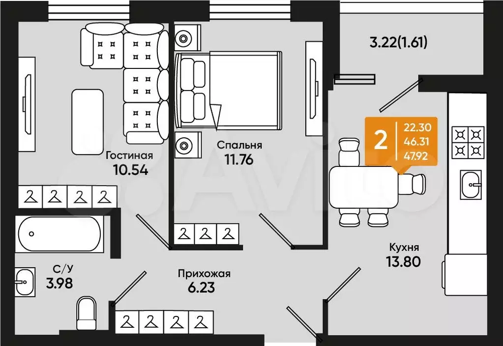 2-к. квартира, 47,9 м, 8/9 эт. - Фото 1