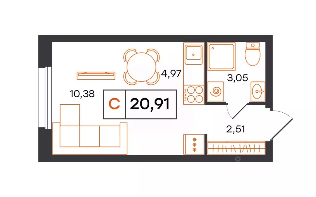Студия Тюменская область, Тюмень Полевая ул., 117к12 (20.91 м) - Фото 1