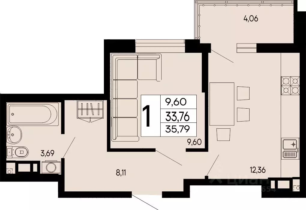 1-к кв. Адыгея, Майкоп 9 Мая ул. (35.79 м) - Фото 1
