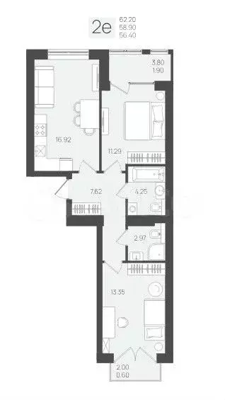 2-к. квартира, 62,2 м, 5/5 эт. - Фото 1