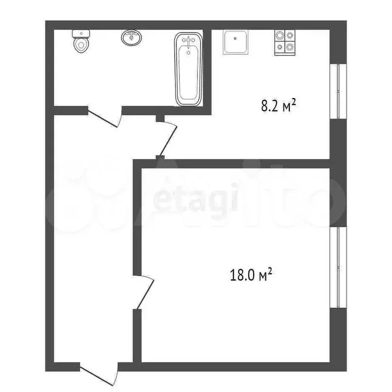 1-к. квартира, 30,8 м, 1/2 эт. - Фото 0