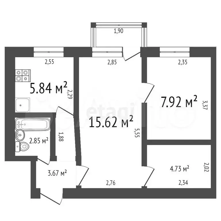 2-к. квартира, 40,8 м, 2/5 эт. - Фото 0