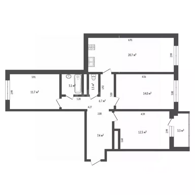 3-к кв. Тюменская область, Тюмень ул. Николая Зелинского, 24 (77.7 м) - Фото 2