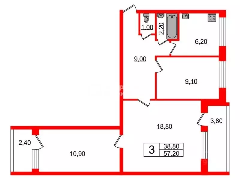 3-к кв. Санкт-Петербург ул. Есенина, 11К1 (57.2 м) - Фото 1