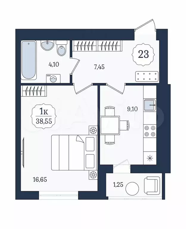 1-к. квартира, 38,6 м, 6/9 эт. - Фото 1