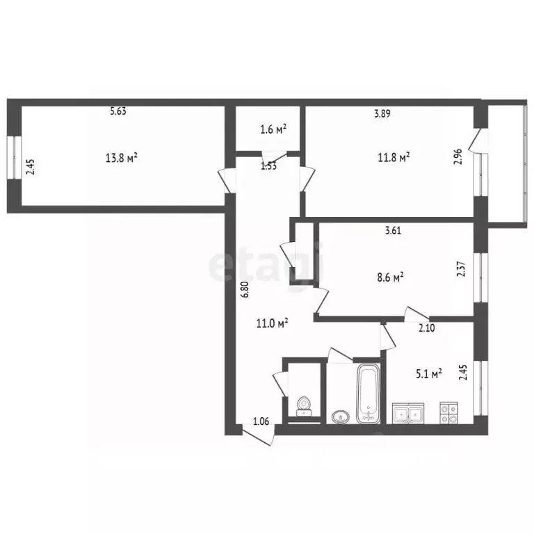 3-к кв. Московская область, Одинцово Можайское ш., 38 (55.7 м) - Фото 1