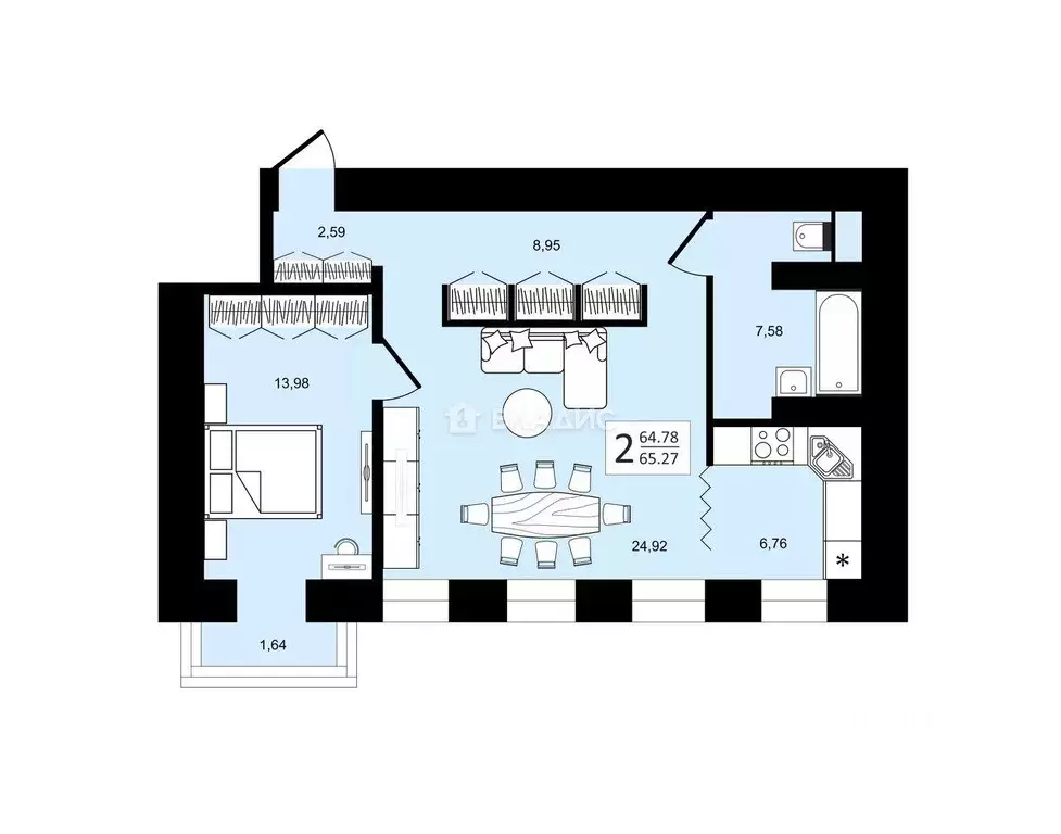 Квартира, 2 комнаты, 65.3 м - Фото 0
