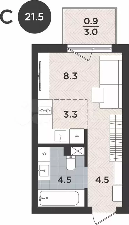 1-к. квартира, 21,5 м, 1/9 эт. - Фото 1