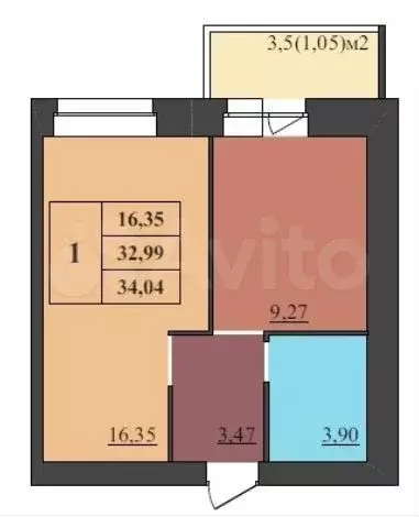 1-к. квартира, 34 м, 8/9 эт. - Фото 0