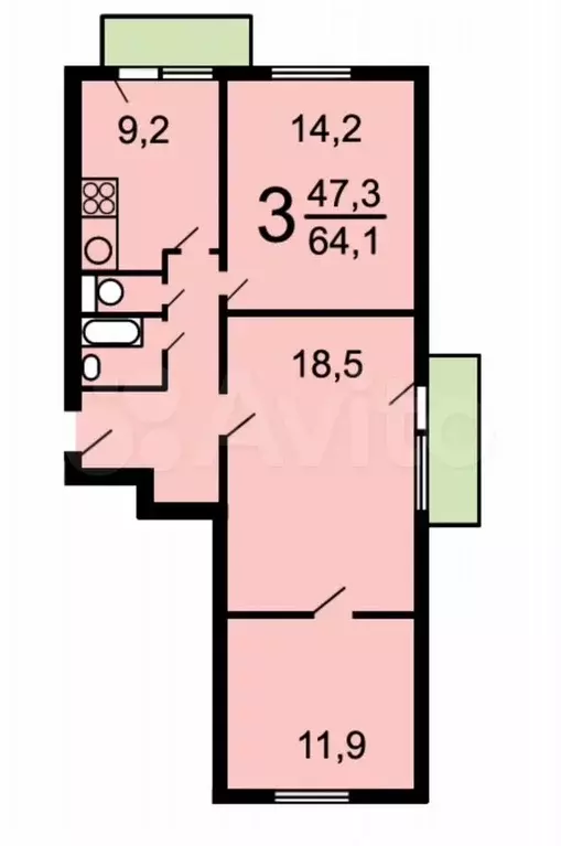 3-к. квартира, 64,1 м, 9/12 эт. - Фото 0