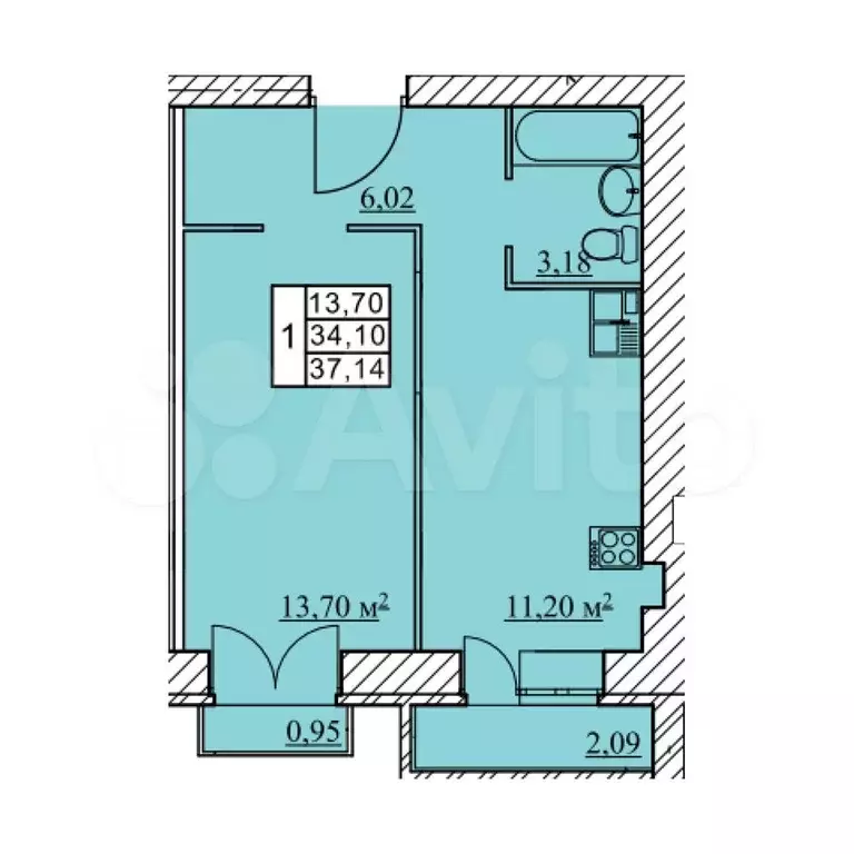 1-к. квартира, 37,1 м, 4/5 эт. - Фото 0