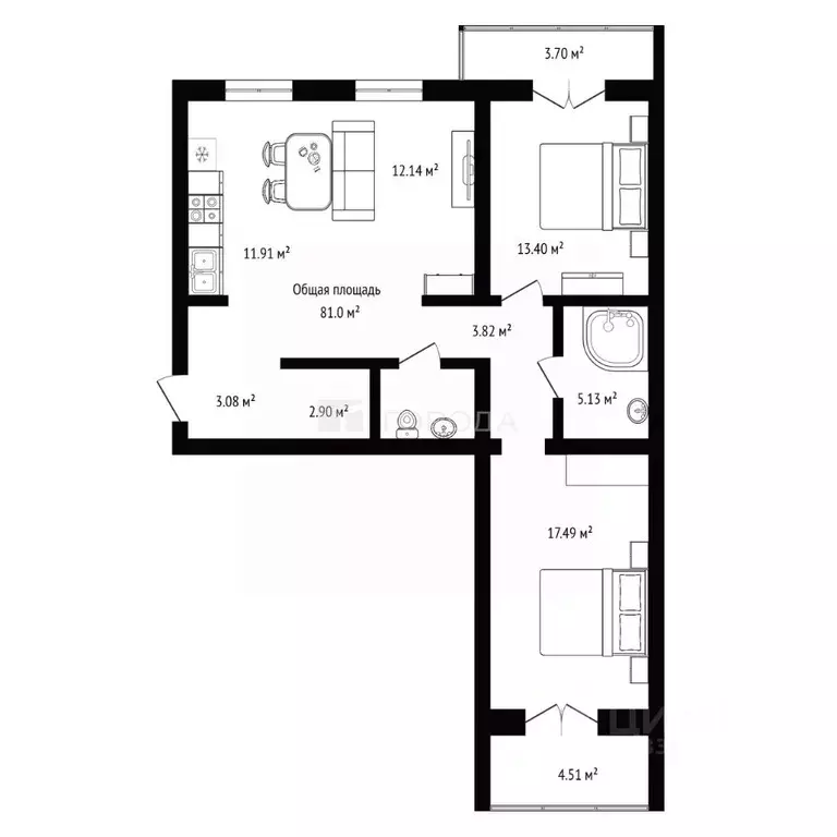 3-к кв. Новосибирская область, Новосибирск Планетная ул., 55/7 (81.0 ... - Фото 1