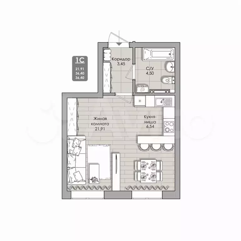 Апартаменты-студия, 36,4 м, 5/11 эт. - Фото 0