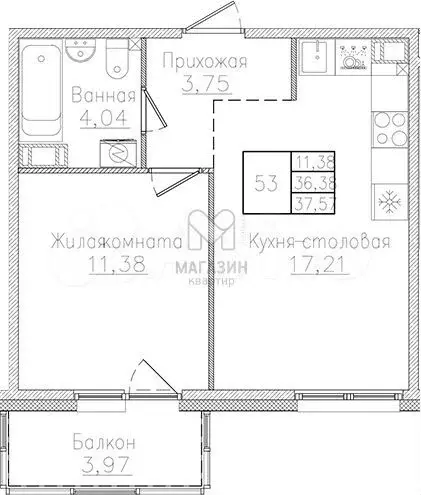 1-к. квартира, 37,6 м, 3/5 эт. - Фото 0