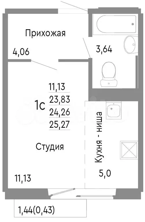 1-к. квартира, 24,3 м, 8/10 эт. - Фото 0