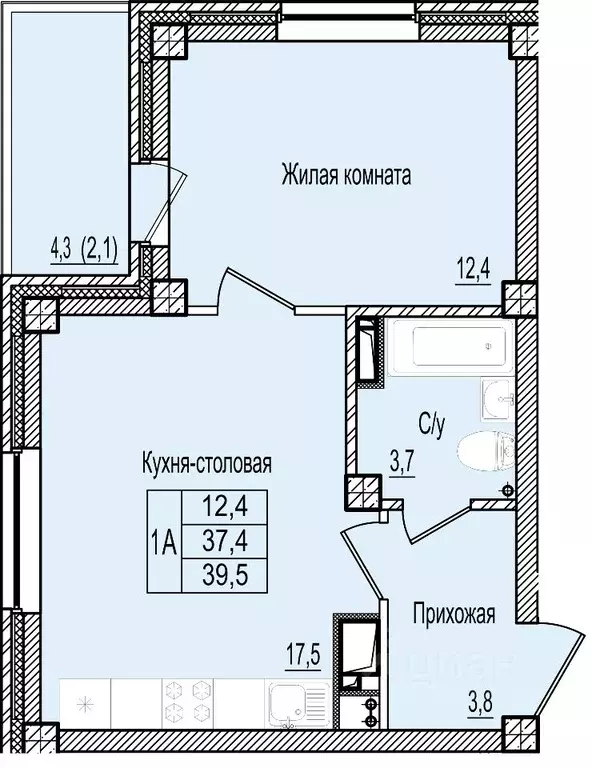 1-к кв. Псковская область, Псков ул. Ижорского Батальона, 41 (39.5 м) - Фото 0