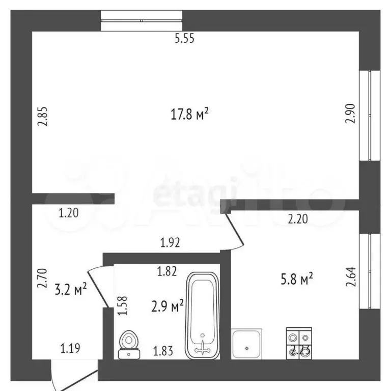 1-к. квартира, 29,8 м, 5/5 эт. - Фото 0