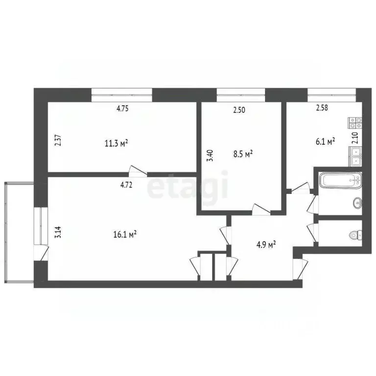 3-к кв. Вологодская область, Череповец просп. Победы, 79 (51.3 м) - Фото 2