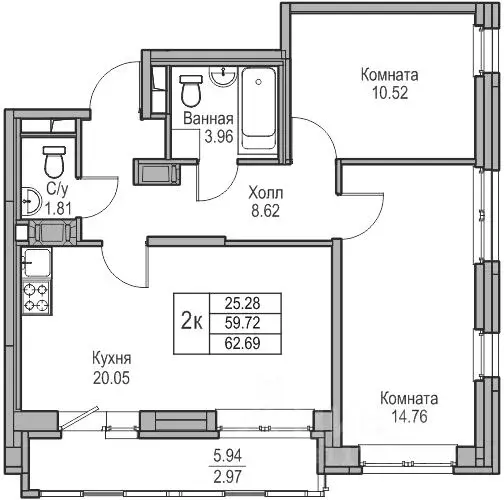 2-к кв. Санкт-Петербург ул. Ивинская, 1к3 (59.72 м) - Фото 0