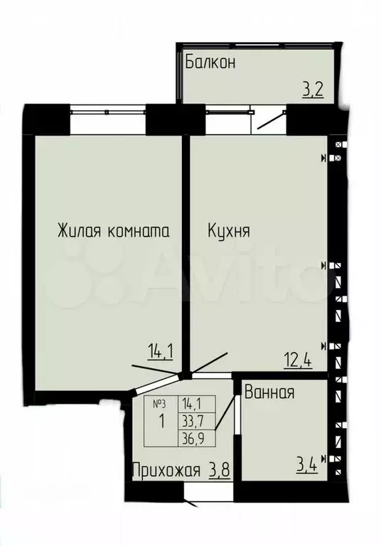 1-к. квартира, 36,9 м, 1/4 эт. - Фото 0