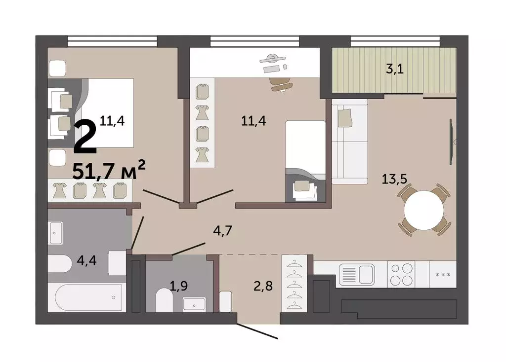 2-комнатная квартира: Екатеринбург, улица Краснолесья, 10/6 (51.2 м) - Фото 1