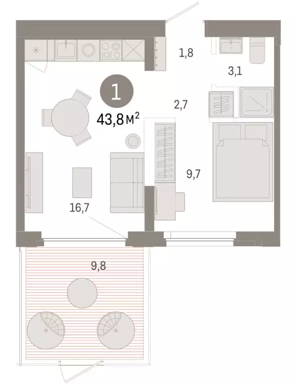 1-комнатная квартира: Тюмень, Мысовская улица, 26к2 (43.8 м) - Фото 1