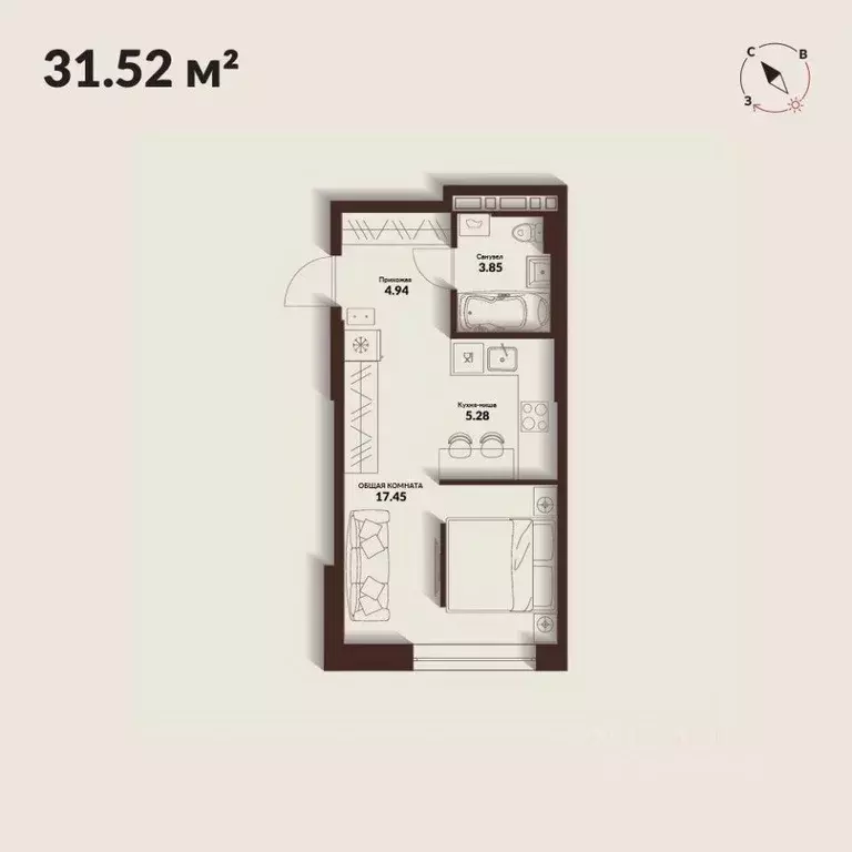 Студия Приморский край, Владивосток Каскада жилой комплекс (31.52 м) - Фото 1