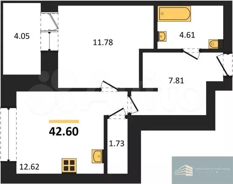 1-к. квартира, 42,6 м, 8/9 эт. - Фото 0