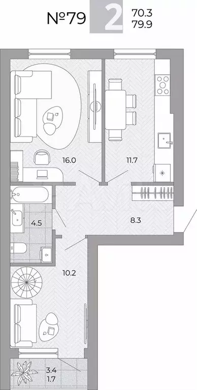 2-к. квартира, 79,9 м, 4/4 эт. - Фото 0