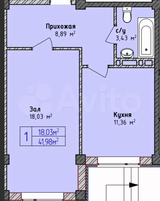 1-к. квартира, 42 м, 3/5 эт. - Фото 0