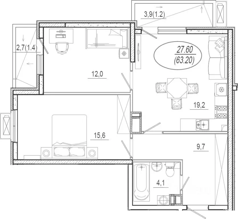 2-к кв. Краснодарский край, Краснодар ул. Даниила Смоляна, 71к1 (63.2 ... - Фото 1