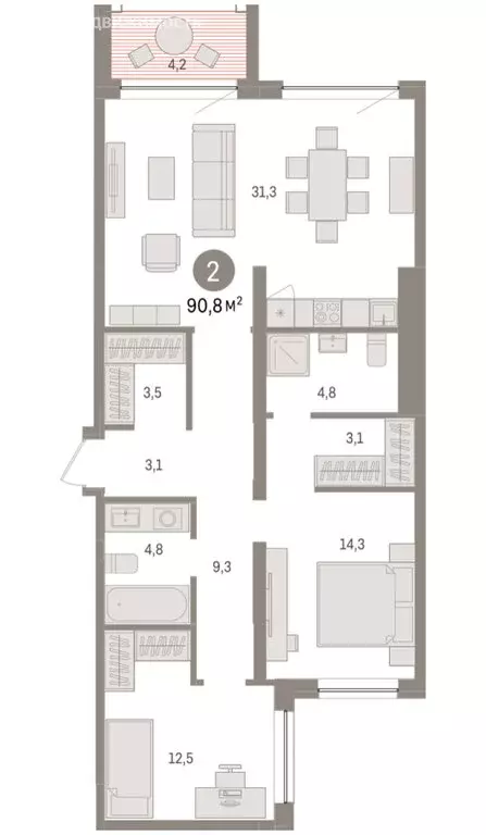 2-комнатная квартира: Тюмень, ЖК Дом у Озера (90.79 м) - Фото 2