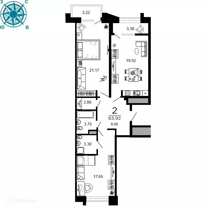 2-к кв. Рязанская область, Рязань ул. 1-я Железнодорожная (83.92 м) - Фото 0