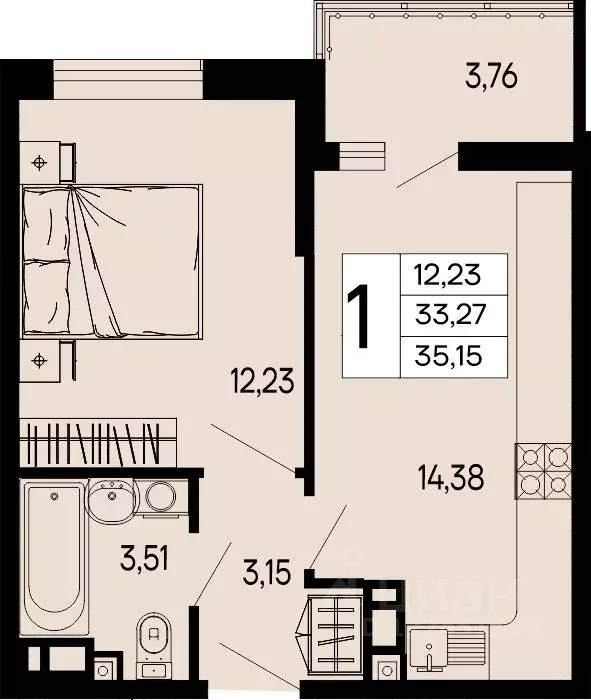 1-к кв. Адыгея, Майкоп 9 Мая ул. (35.15 м) - Фото 1