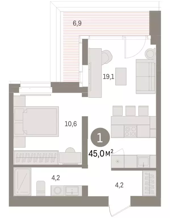 1-комнатная квартира: Тюмень, жилой комплекс На Минской (45 м) - Фото 2