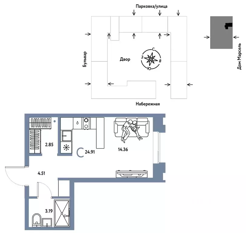 Студия Тюменская область, Тюмень Береговая ул., 100к2 (24.91 м) - Фото 1