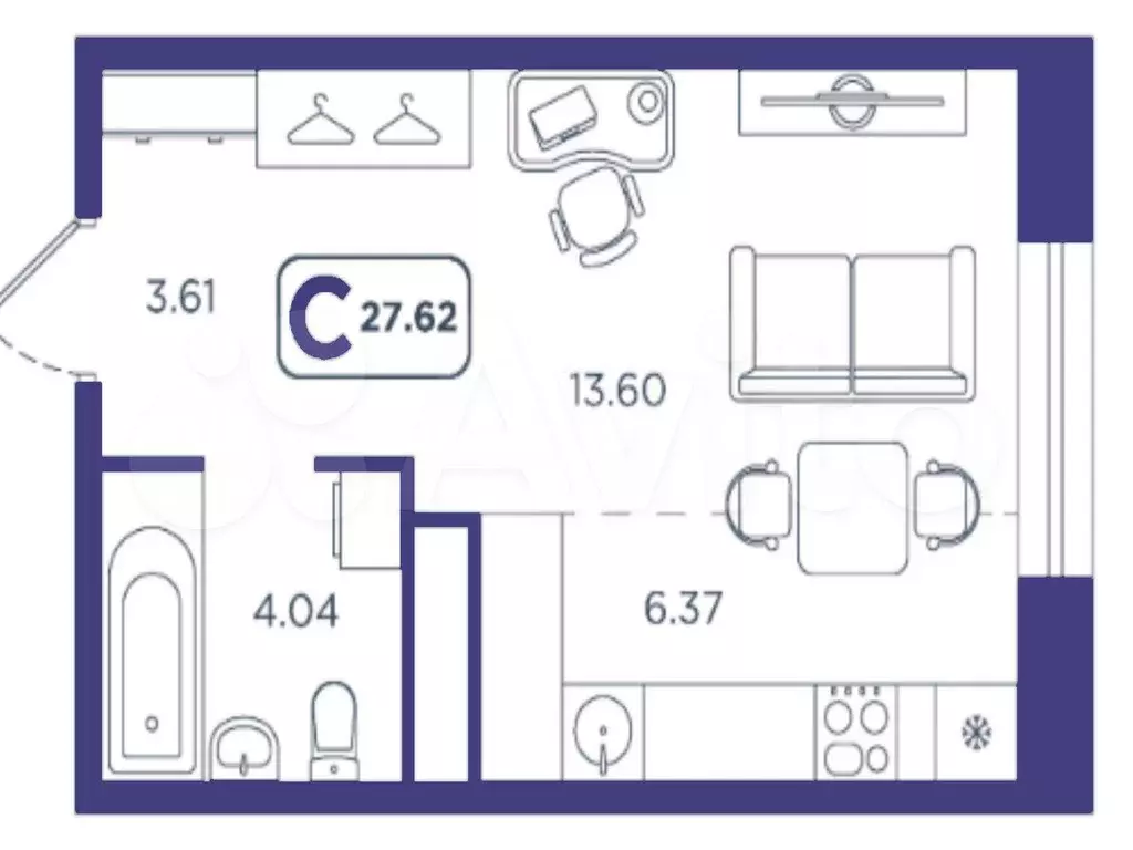 Квартира-студия, 27,6 м, 4/10 эт. - Фото 1