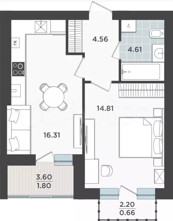 1-к. квартира, 42,8 м, 9/9 эт. - Фото 1