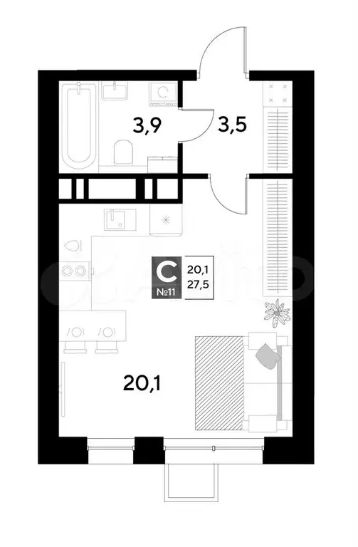 Квартира-студия, 27,5 м, 2/21 эт. - Фото 0