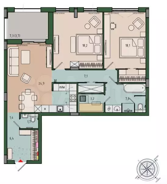 2-к. квартира, 91 м, 9/12 эт. - Фото 1