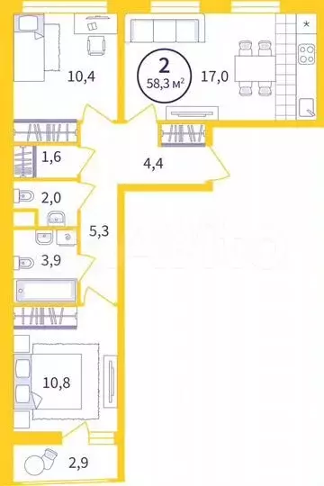 2-к. квартира, 56,9 м, 8/8 эт. - Фото 0